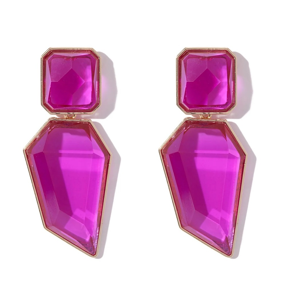 Pink crystal gold drop long hanging earrings